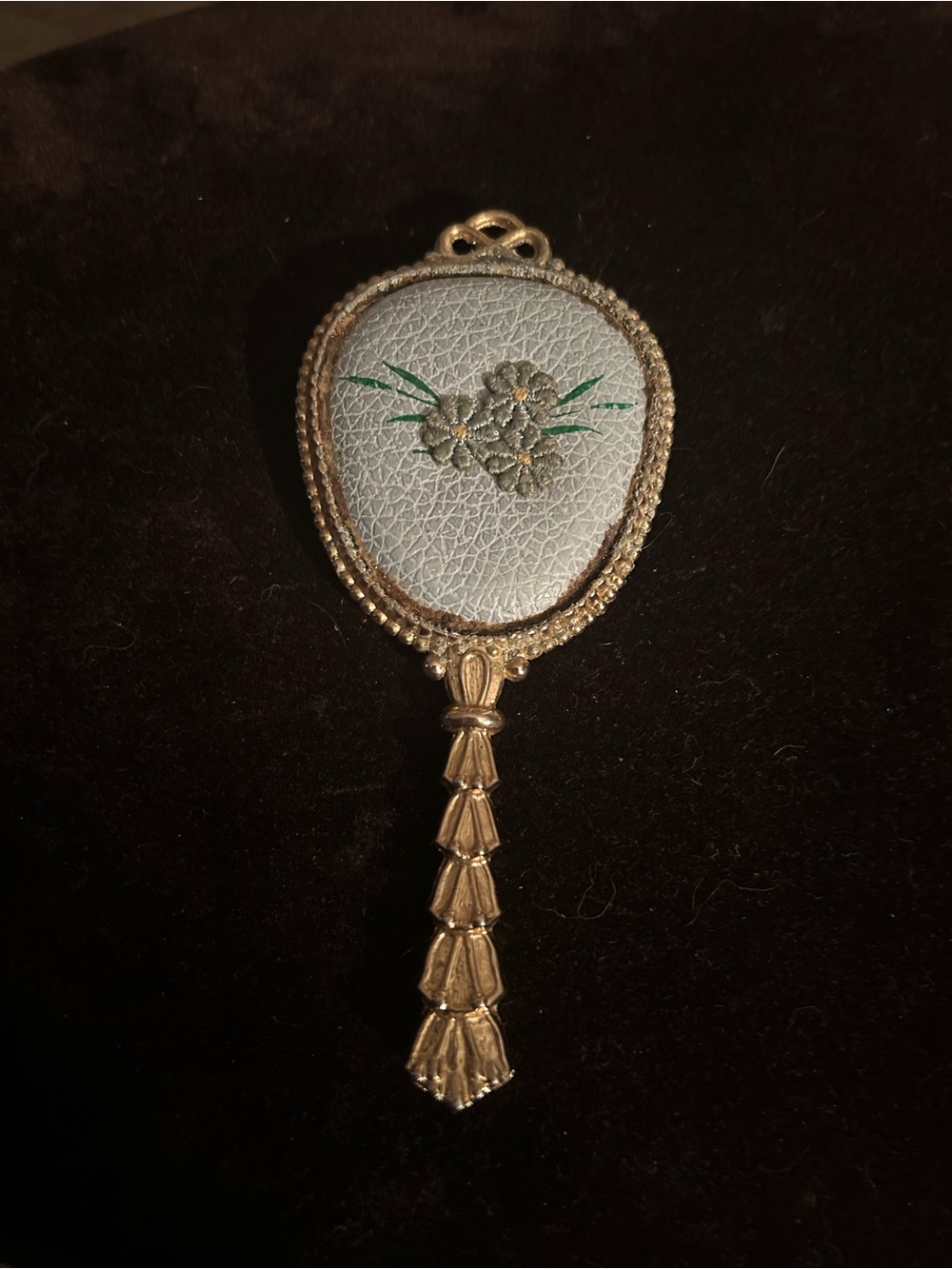 Vintage Gold Hand Mirror  with Light Blue Embroidered Detail